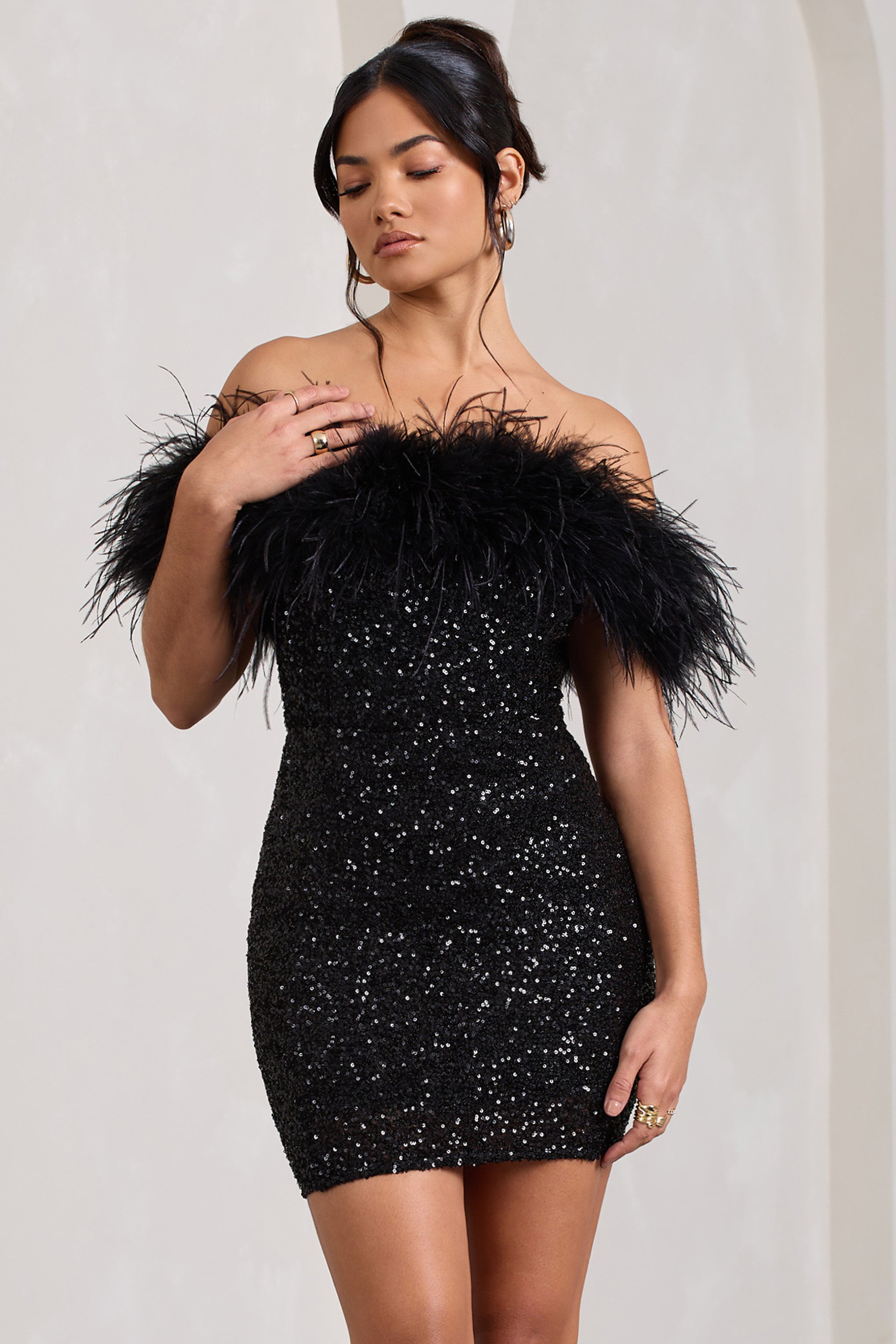 Women's Sequin Bodycon Mini Dress - Strapless Feather Trim Neckline