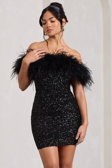 Women's Sequin Bodycon Mini Dress - Strapless Feather Trim Neckline