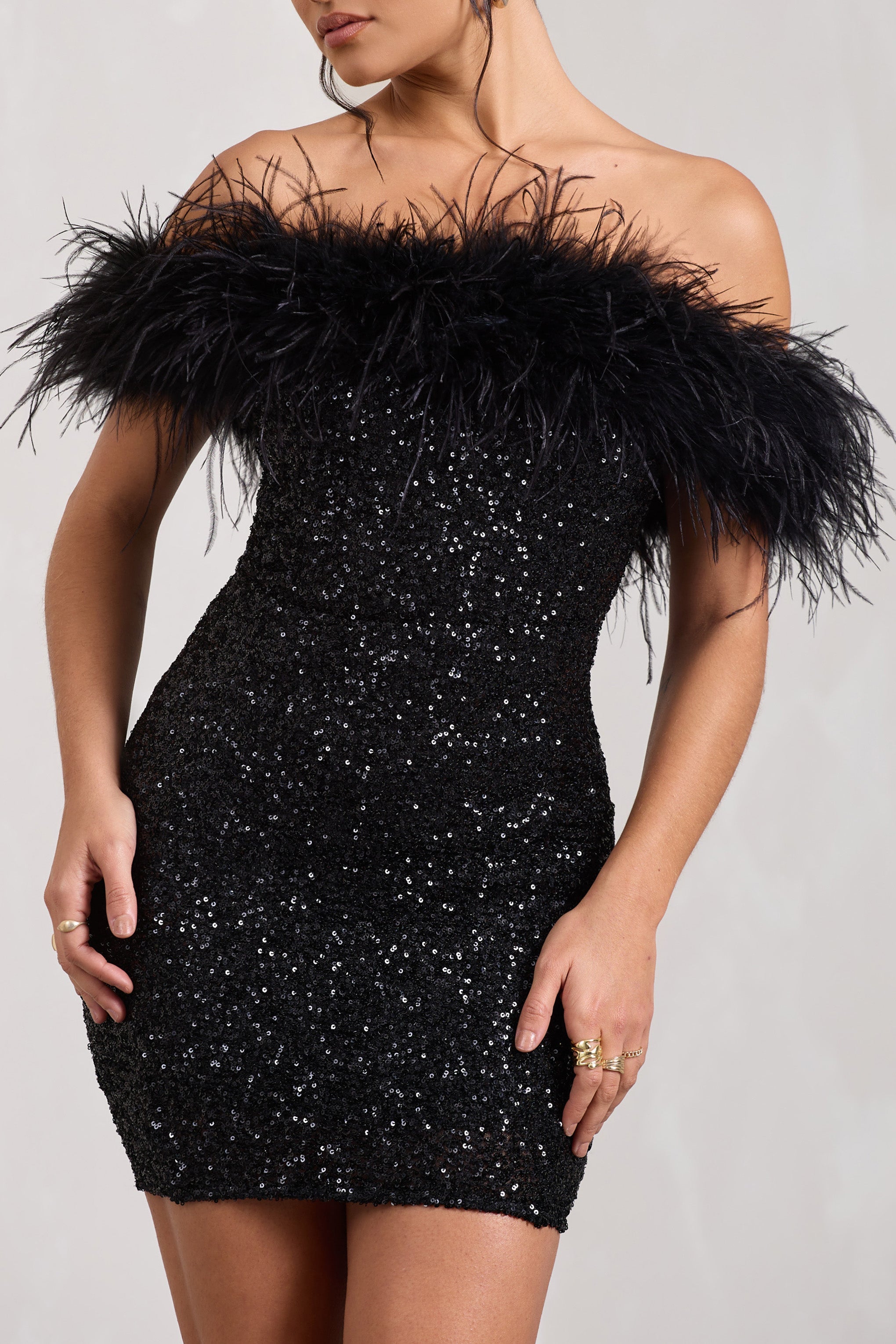 Women's Sequin Bodycon Mini Dress - Strapless Feather Trim Neckline