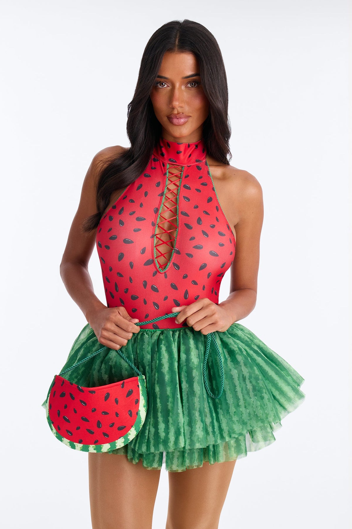 Four Piece Watermelon Costume with Bodysuit, Leg Warmers and Purse
