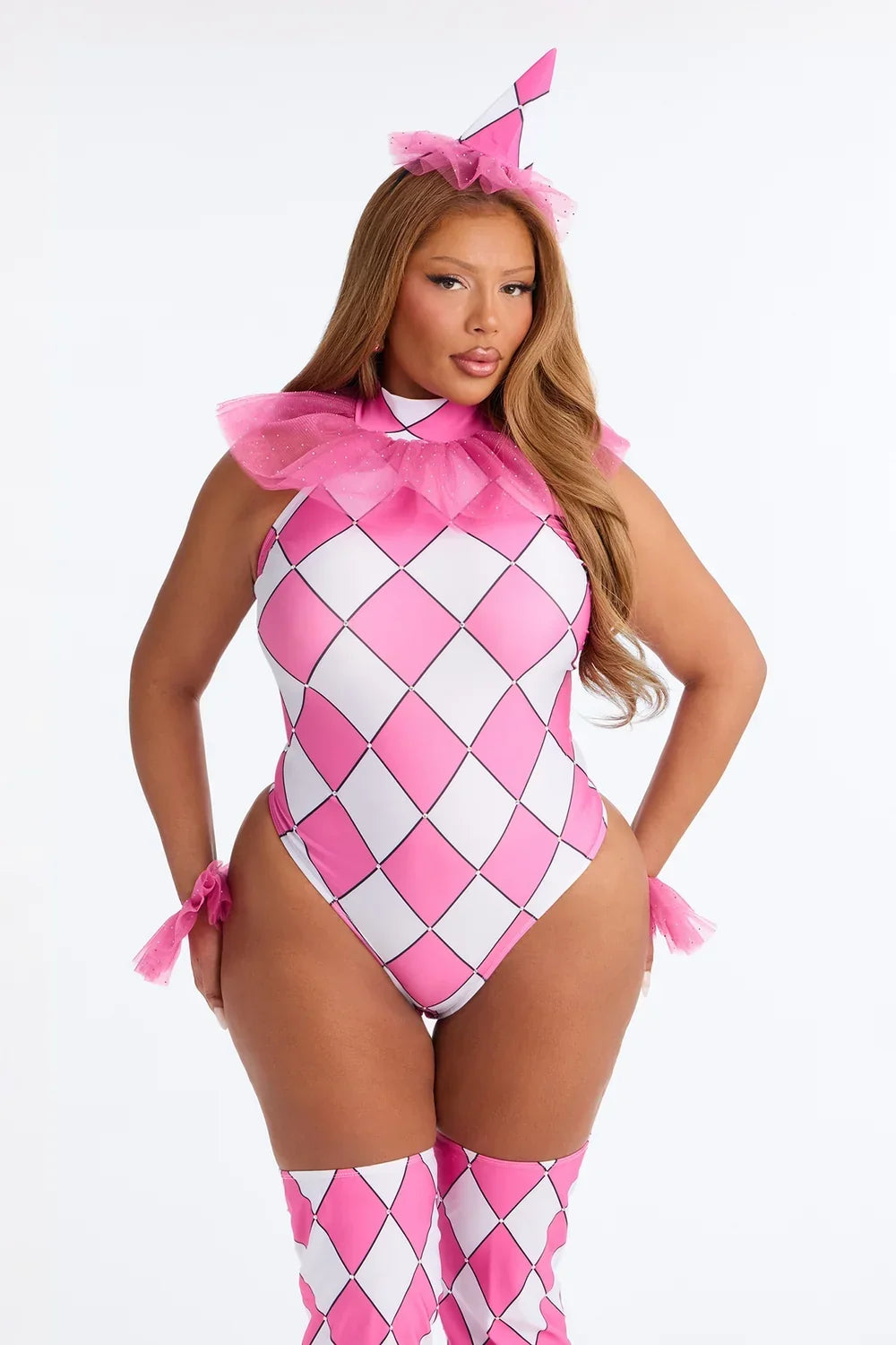 Clown Costume Set with Bodysuit, Wrist Pieces and Leg Warmers, Pink