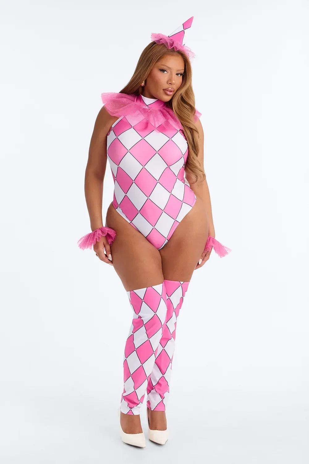 Clown Costume Set with Bodysuit, Wrist Pieces and Leg Warmers, Pink