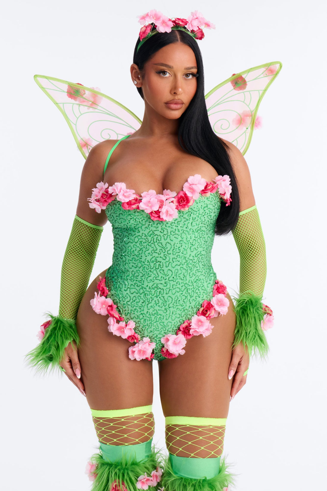 Green Fairy Costume Set with Corset Top and Layered Skirt, Seven Pieces