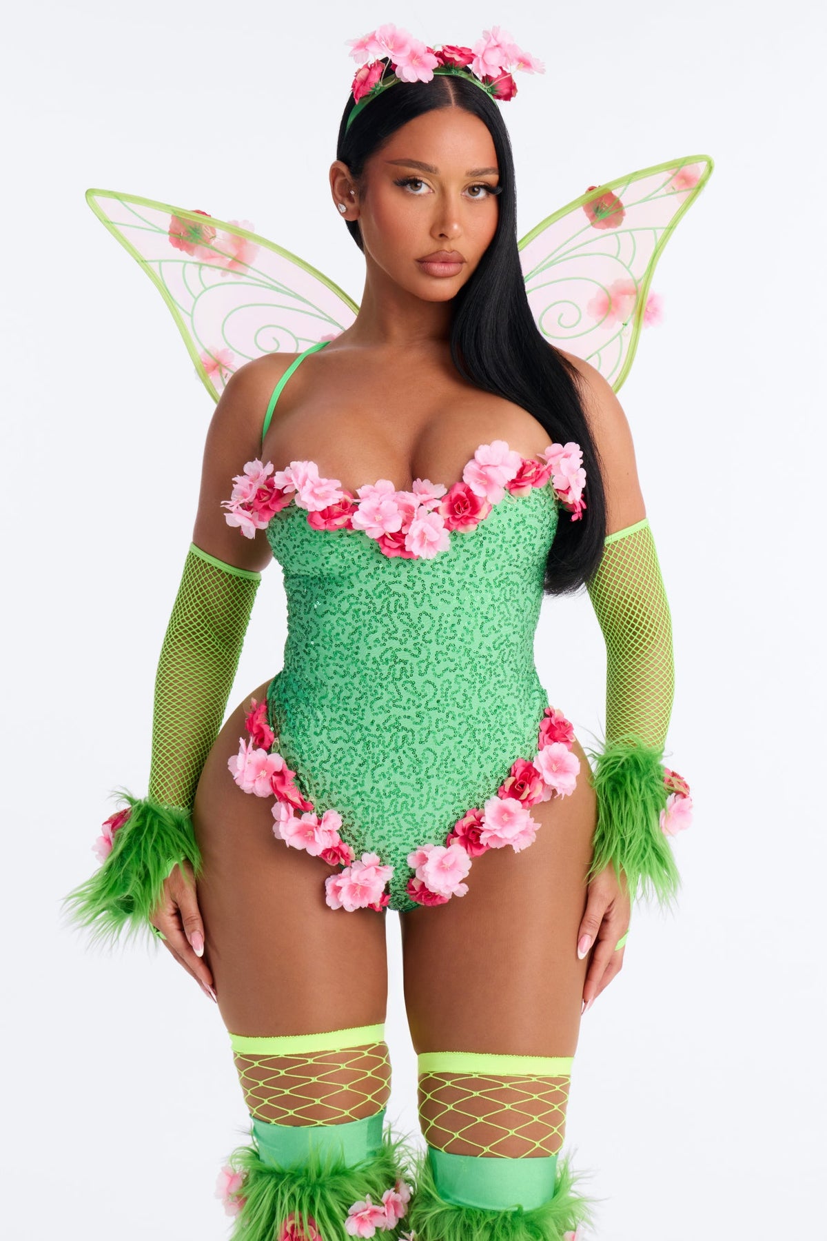 Green Fairy Costume Set with Corset Top and Layered Skirt, Seven Pieces