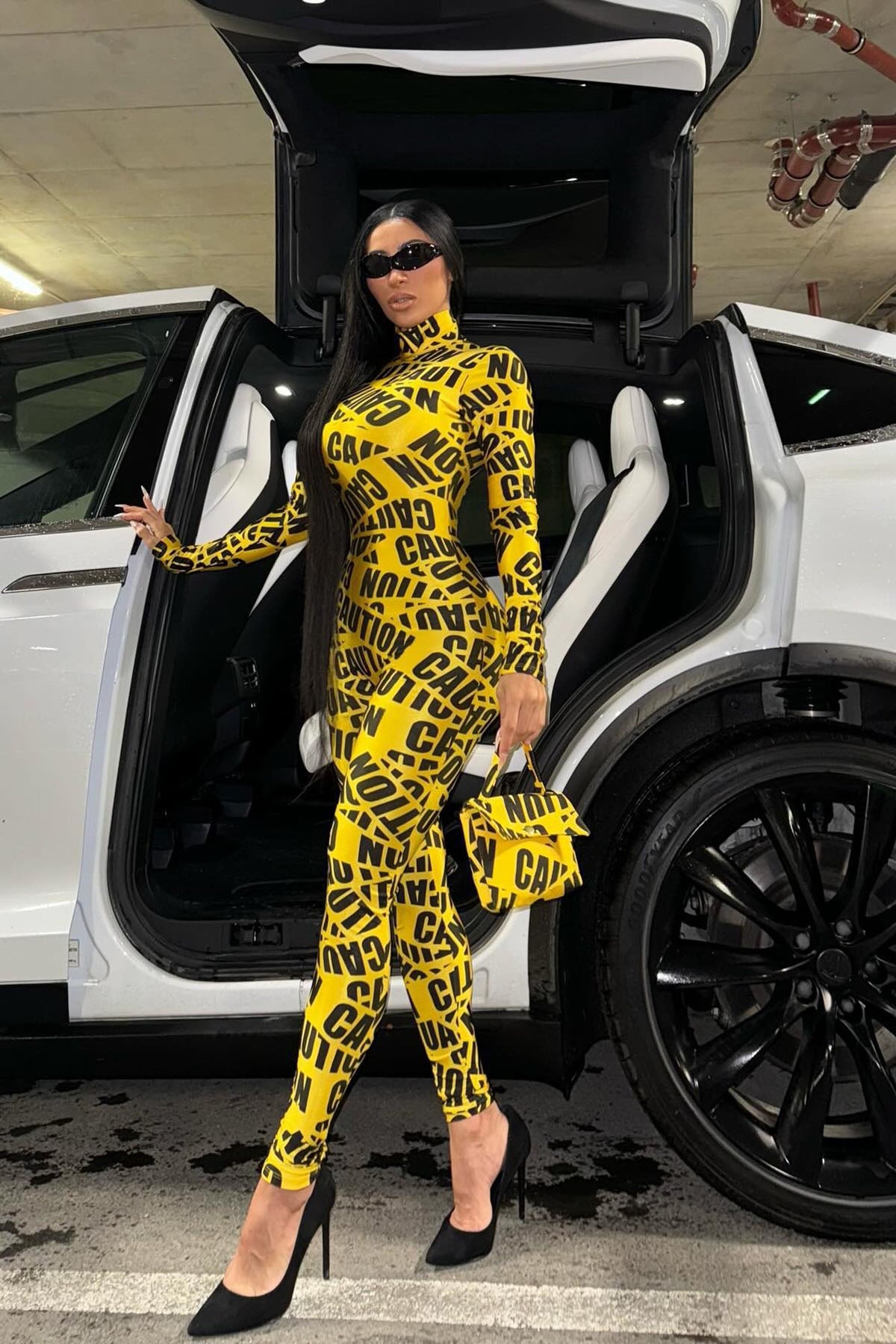 Caution Tape Costume Set with Cropped Top and Neck Accessory, High Waisted Shorts