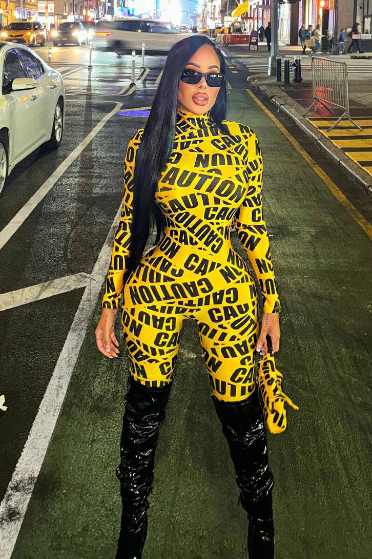 Caution Tape Costume Set with Cropped Top and Neck Accessory, High Waisted Shorts