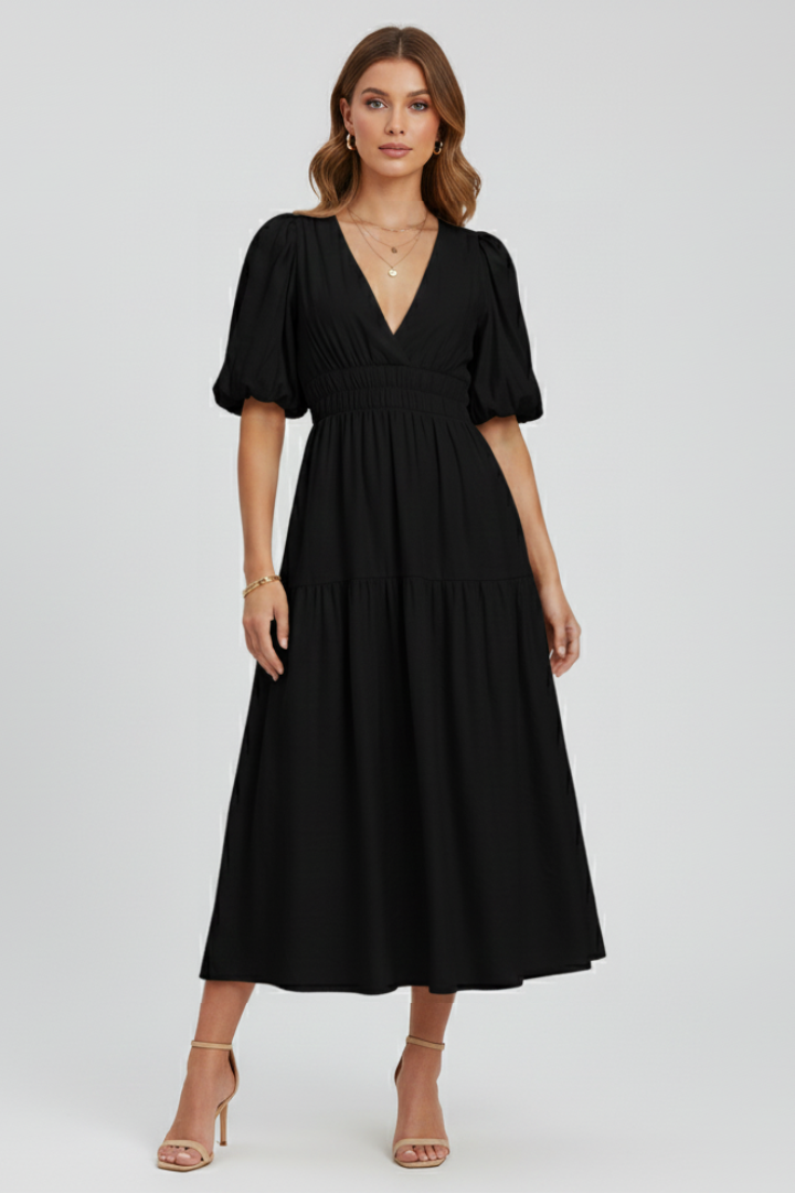 Women's Puff Sleeve V-Neck Tiered Smocked Waist Midi Dress