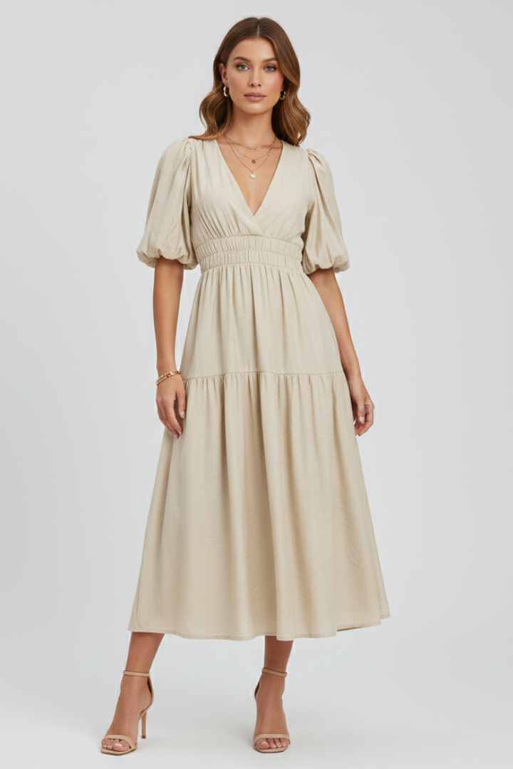 Women's Puff Sleeve V-Neck Tiered Smocked Waist Midi Dress
