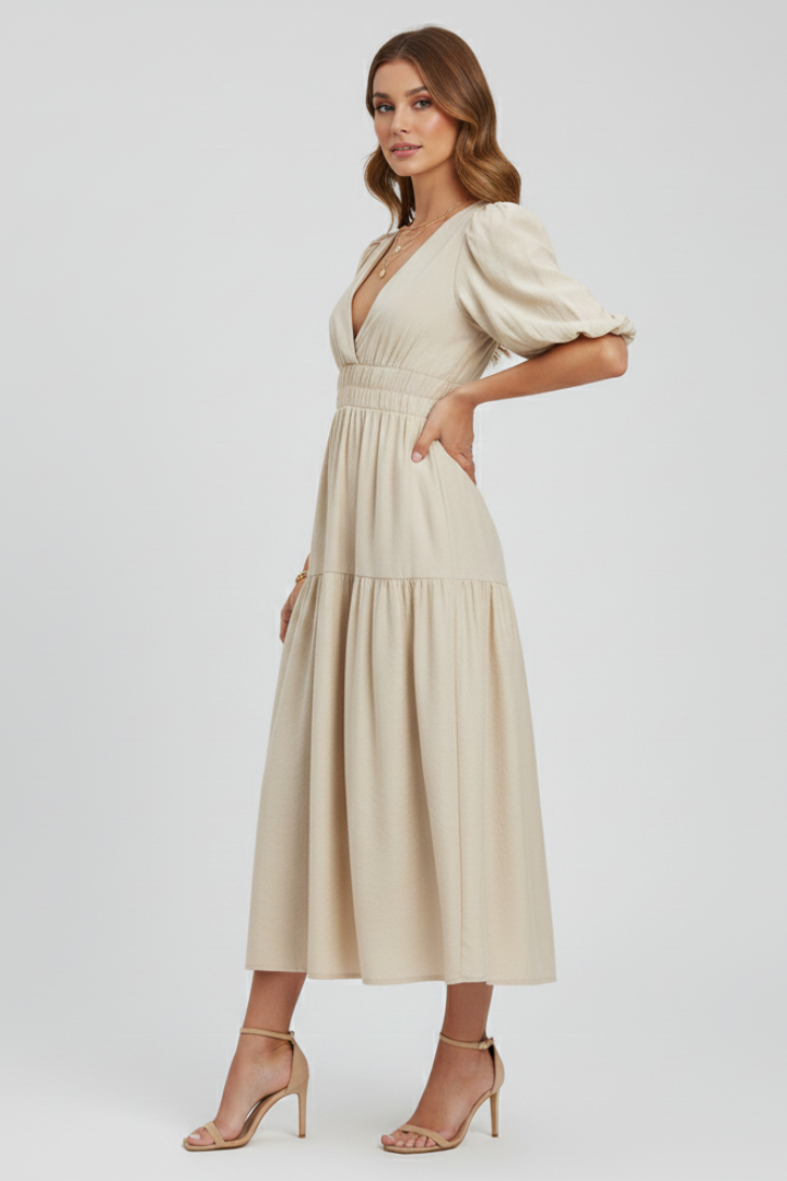 Women's Puff Sleeve V-Neck Tiered Smocked Waist Midi Dress