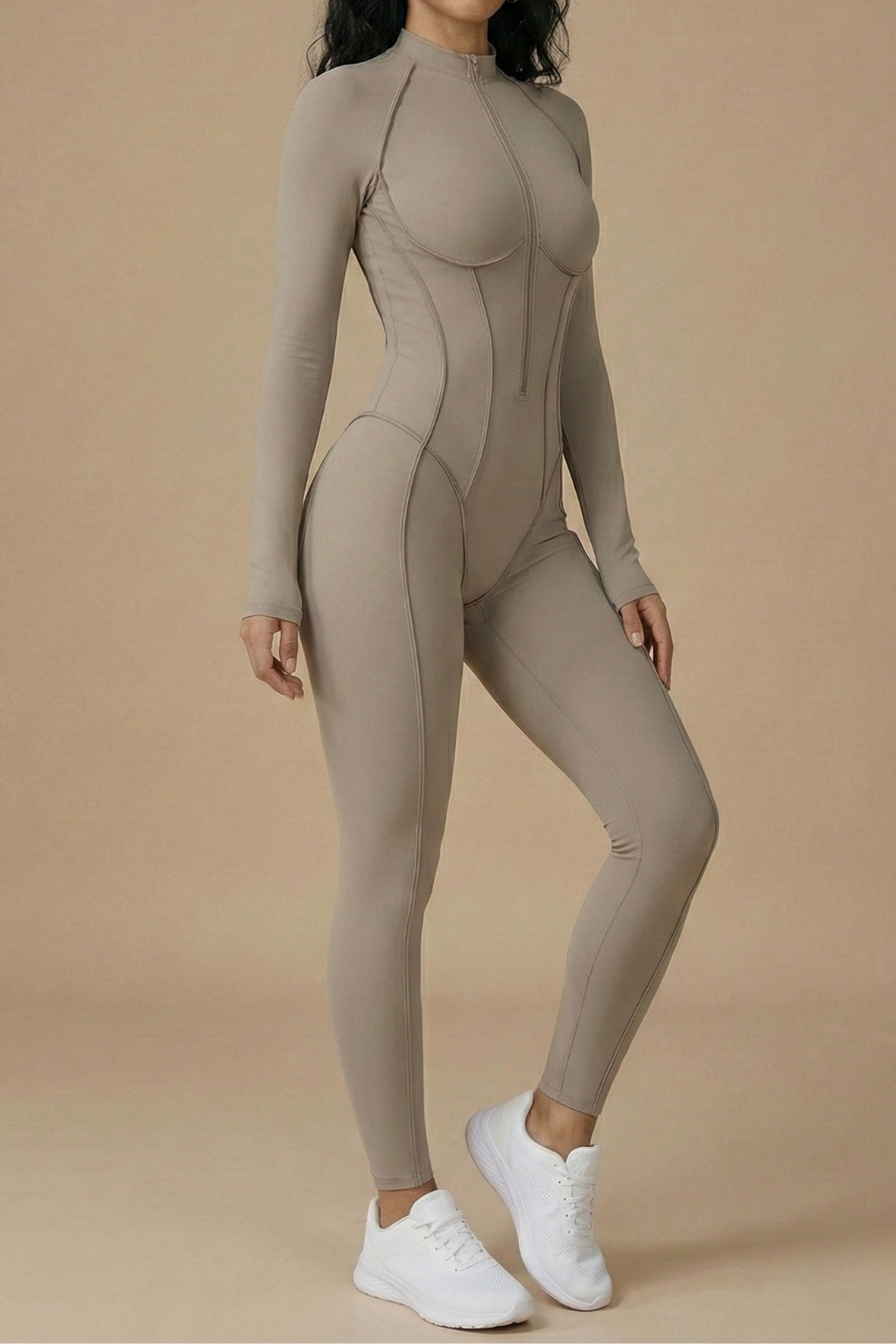 Long Sleeve Yoga Bodysuit - Slim Fit Full Length Zip Front One Piece Workout Jumpsuit