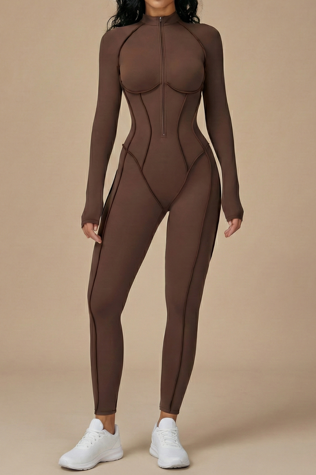 Long Sleeve Yoga Bodysuit - Slim Fit Full Length Zip Front One Piece Workout Jumpsuit