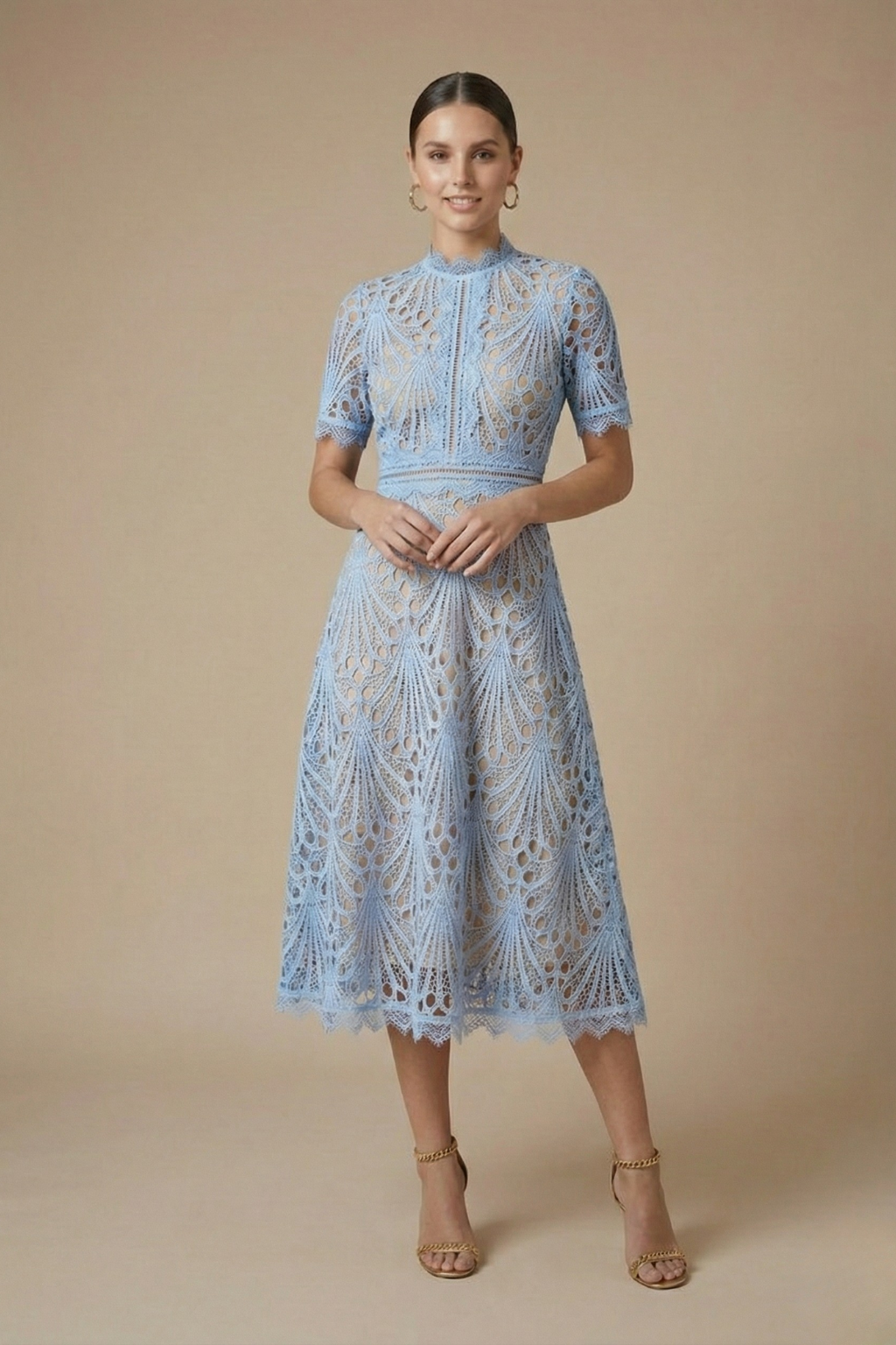 Elegant Women’s Lace Midi Dress – High Neck Silhouette with Refined Cutwork Detail