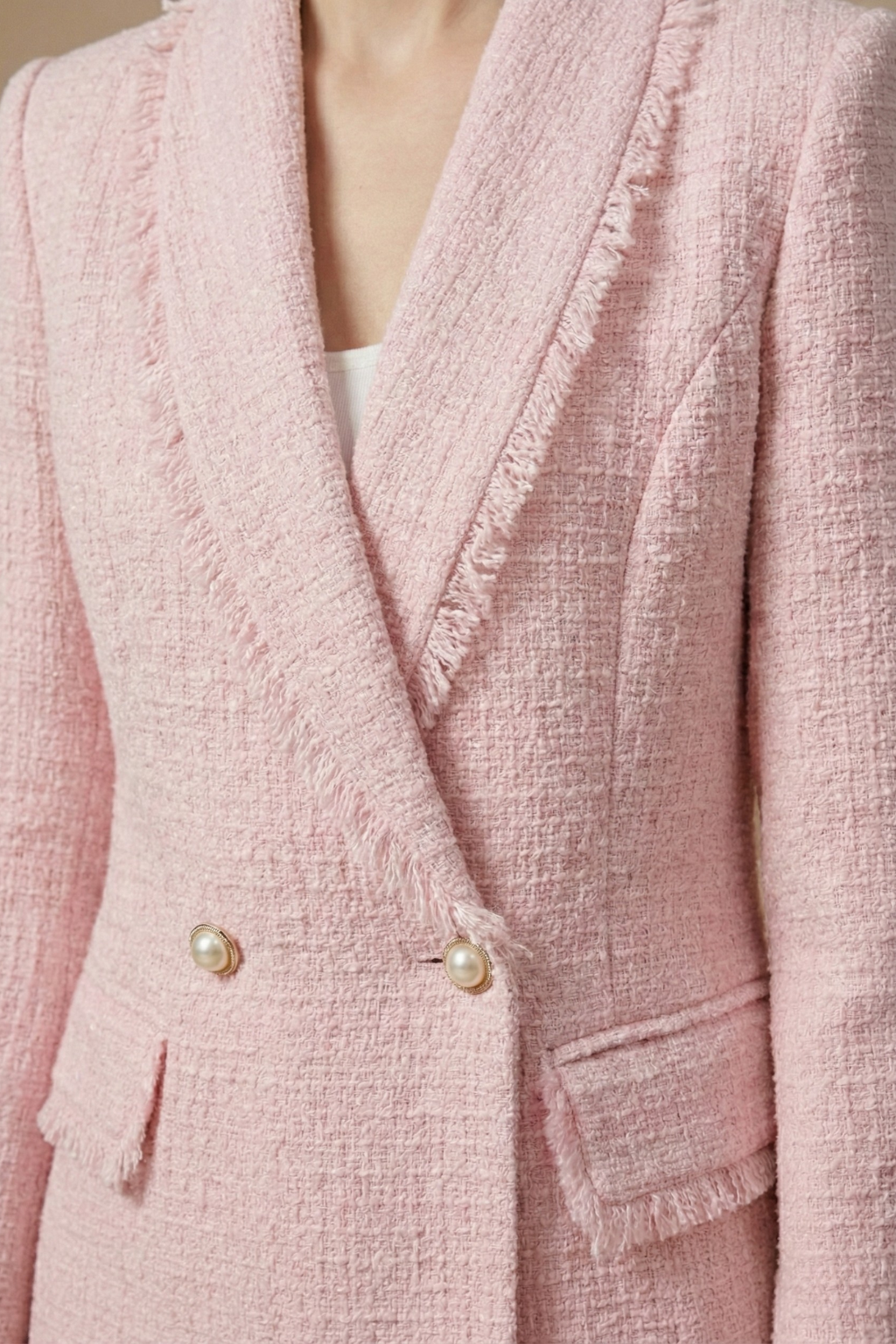 Women’s Tailored Double-Breasted Bouclé-Style Blazer with Frayed Trim
