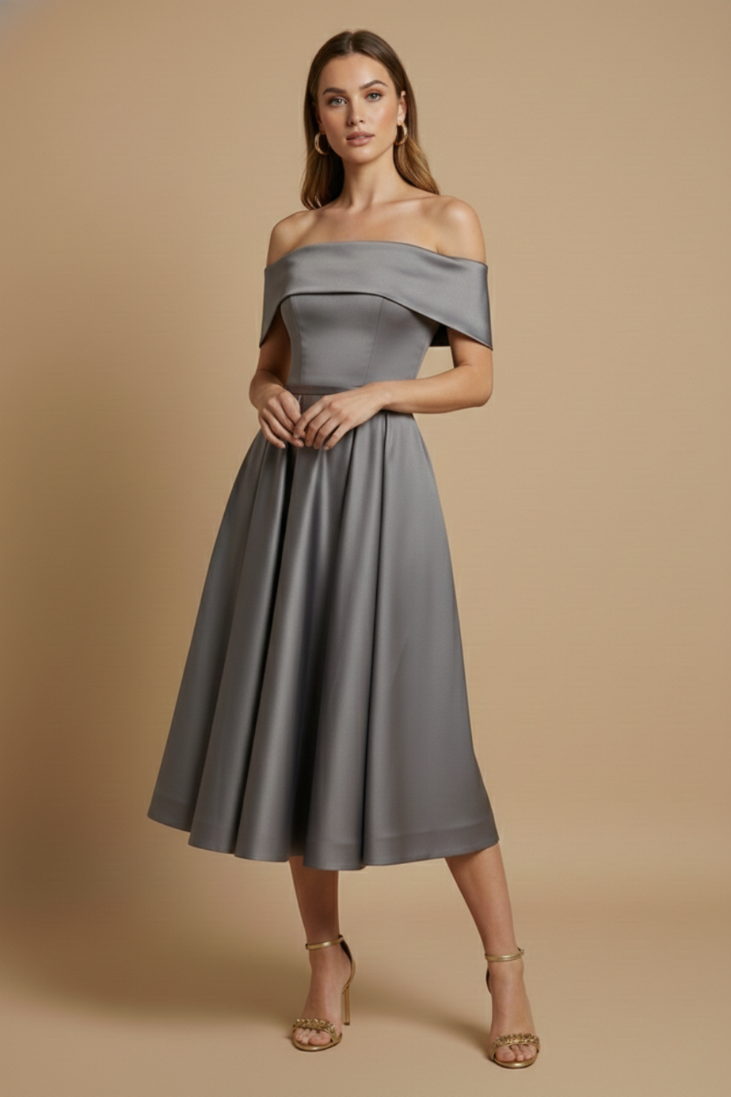 Women’s Off-the-Shoulder Midi Dress with Structured Bodice and Full Skirt