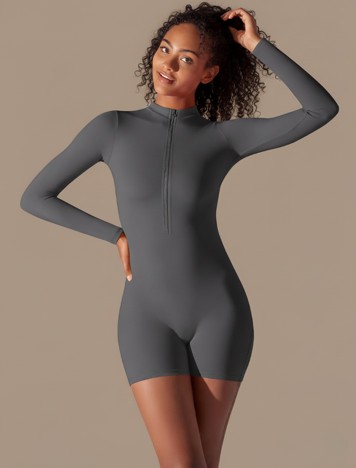Seamless Long Sleeve Jumpsuit - Slim Fit Short Length Zip Front One Piece Activewear