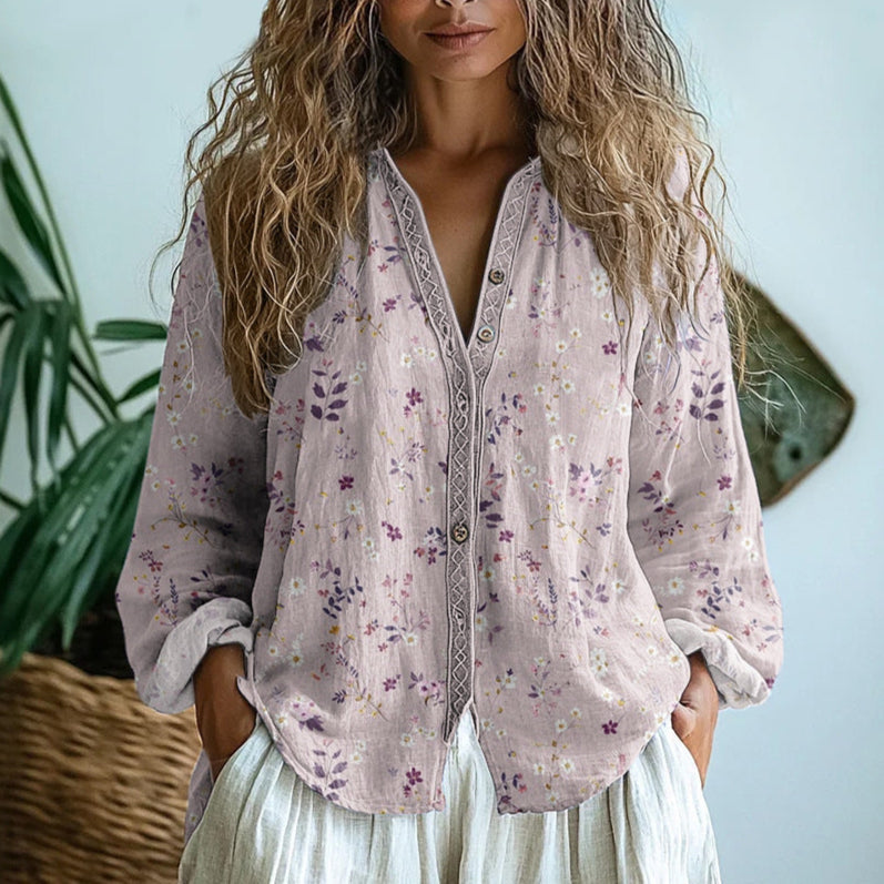 Button Down Shirt with Vintage Leaf Print and Breathable Weave, Draped Fit