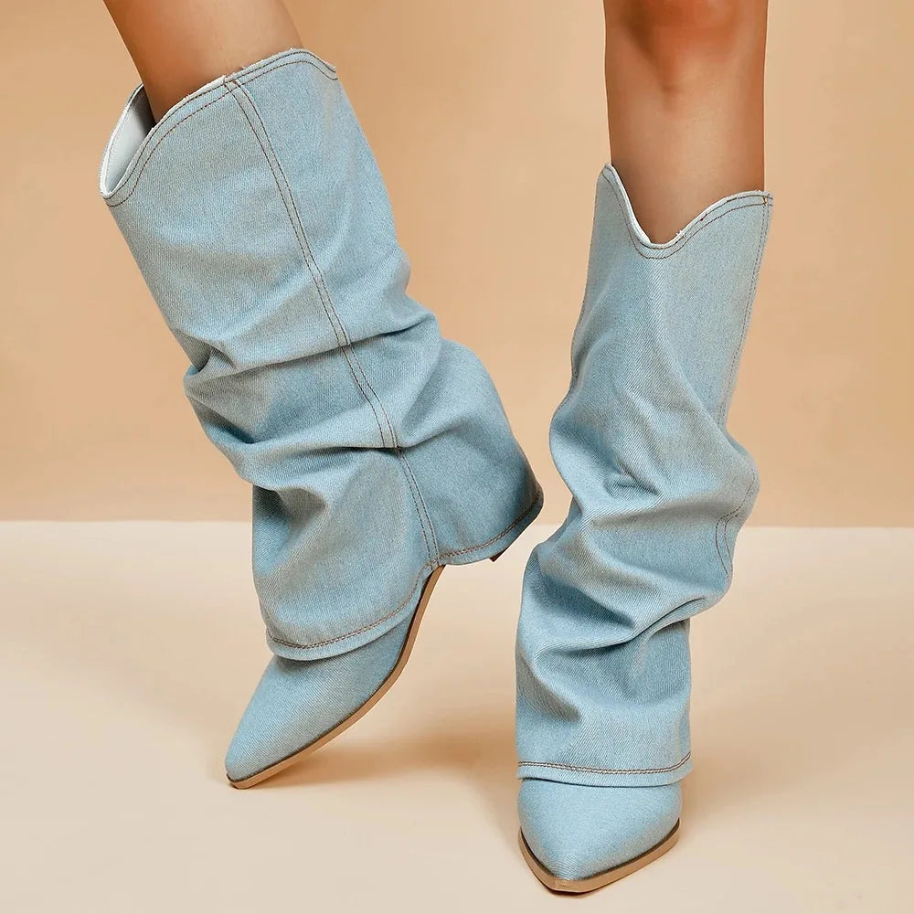 Women’s Knee-High Denim Boots with Pointed Toe and Slouch Shaft