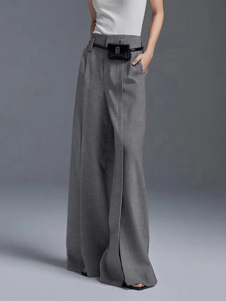 Women’s Wide Leg Pants - High Waist - Full Length - Front Pleat - Split Hem Design
