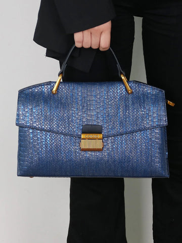 Women’s Top Handle Bag with Embossed Texture and Front Flap Closure