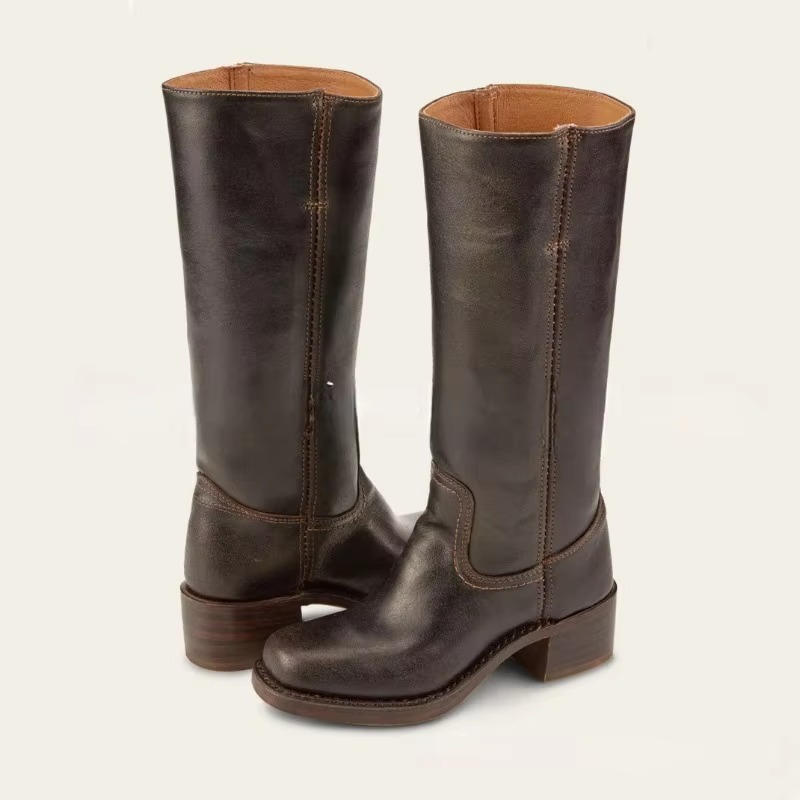 Wide Calf Knee High Boots with Round Toe and Pull On Design, 2.4 Inch Square Heel