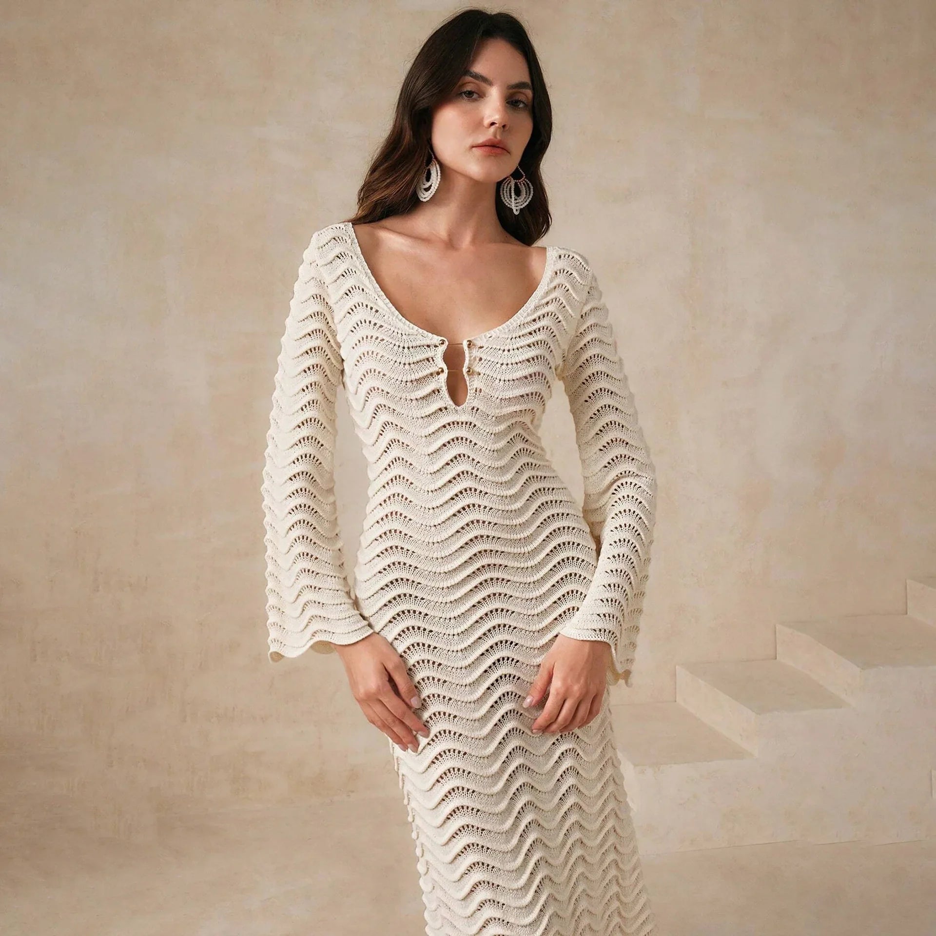 Women’s Open Knit Maxi Dress with Long Flared Sleeves Button Front Keyhole Detail and Tie Back Design