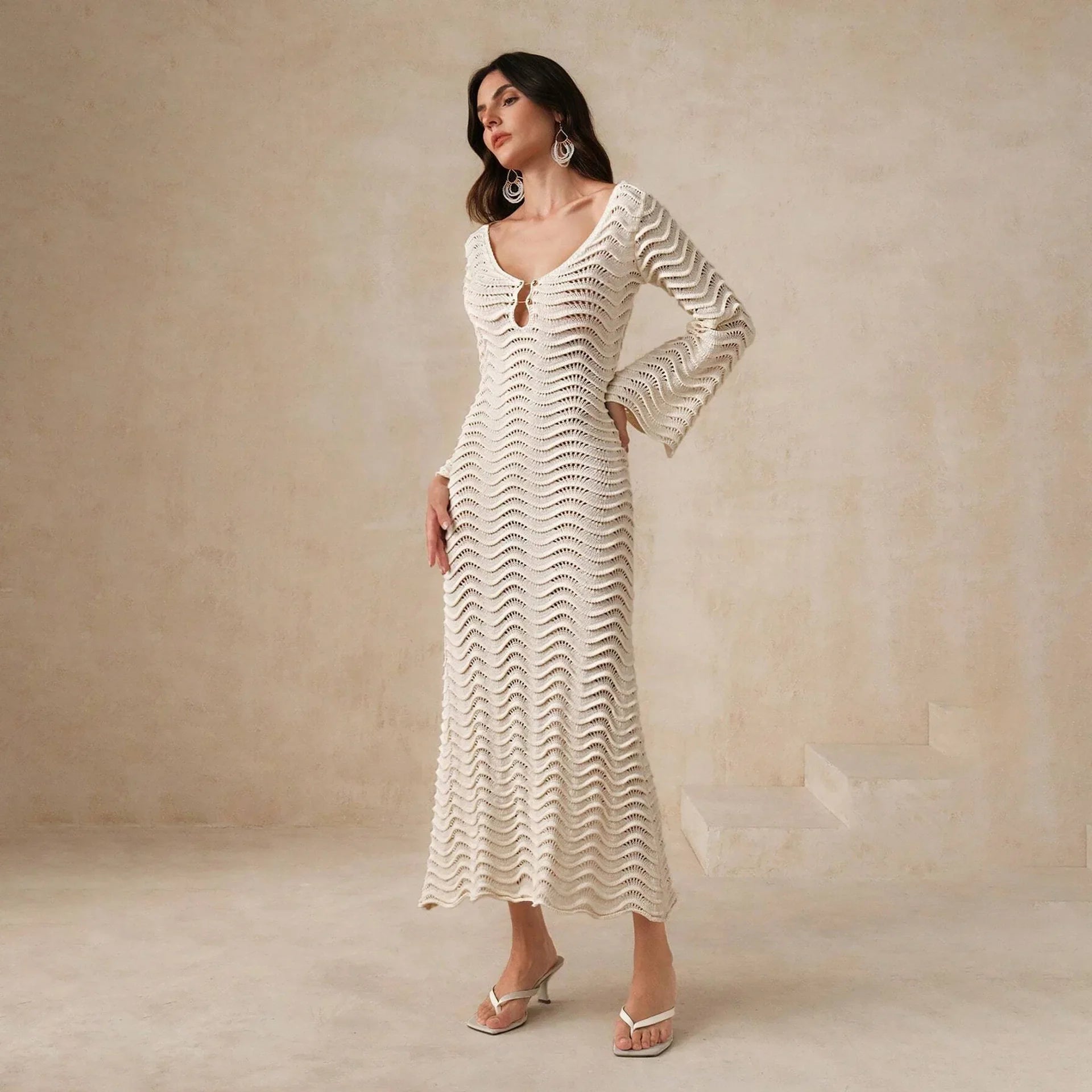 Women’s Open Knit Maxi Dress with Long Flared Sleeves Button Front Keyhole Detail and Tie Back Design