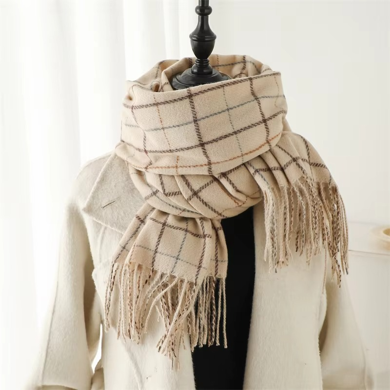 Woven Plaid Scarf with Tassel Fringe Edges and Adjustable Wrap, 78in x 27in
