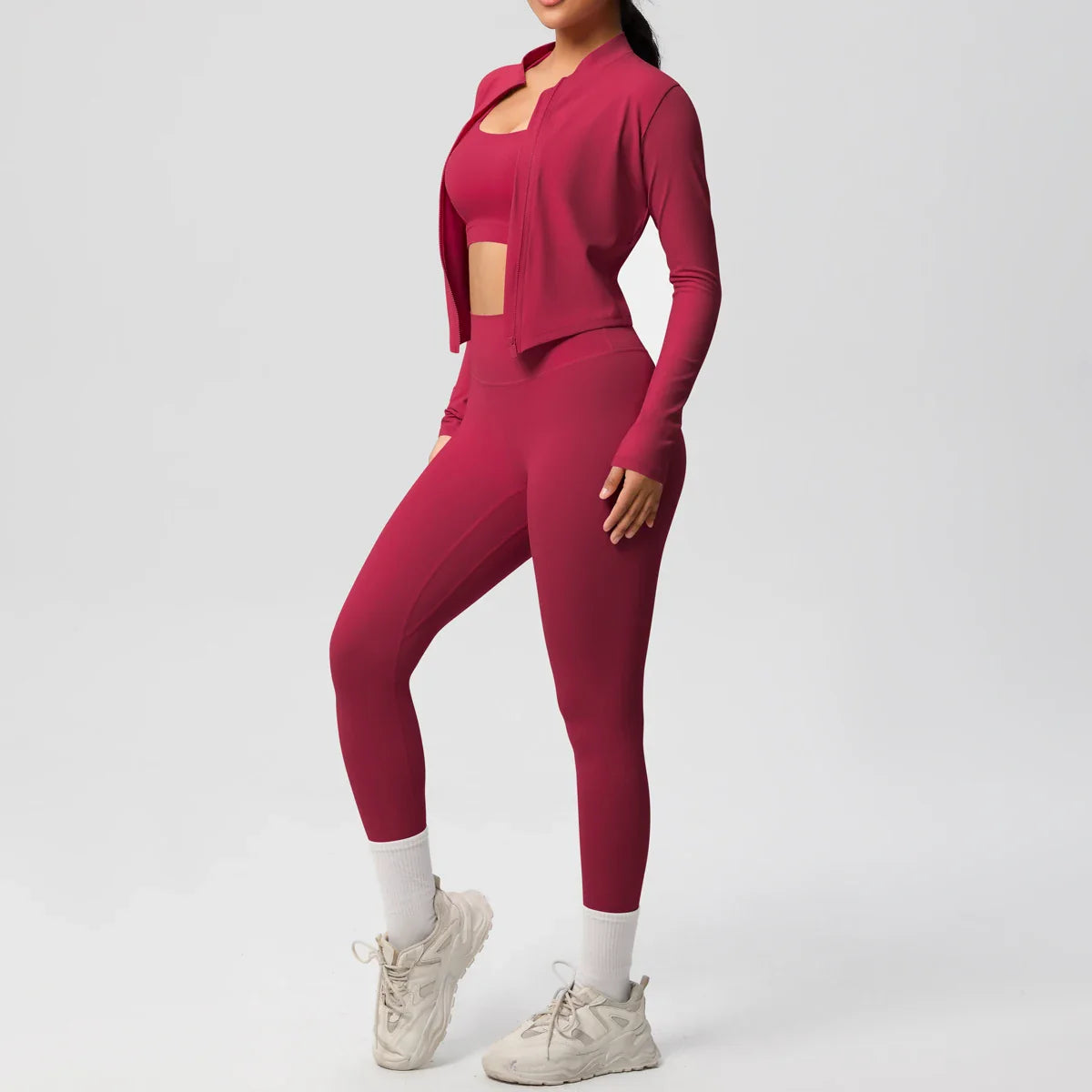 Women's Three Piece Gym Set - Cropped Jacket - Sports Bra - High Waist Leggings