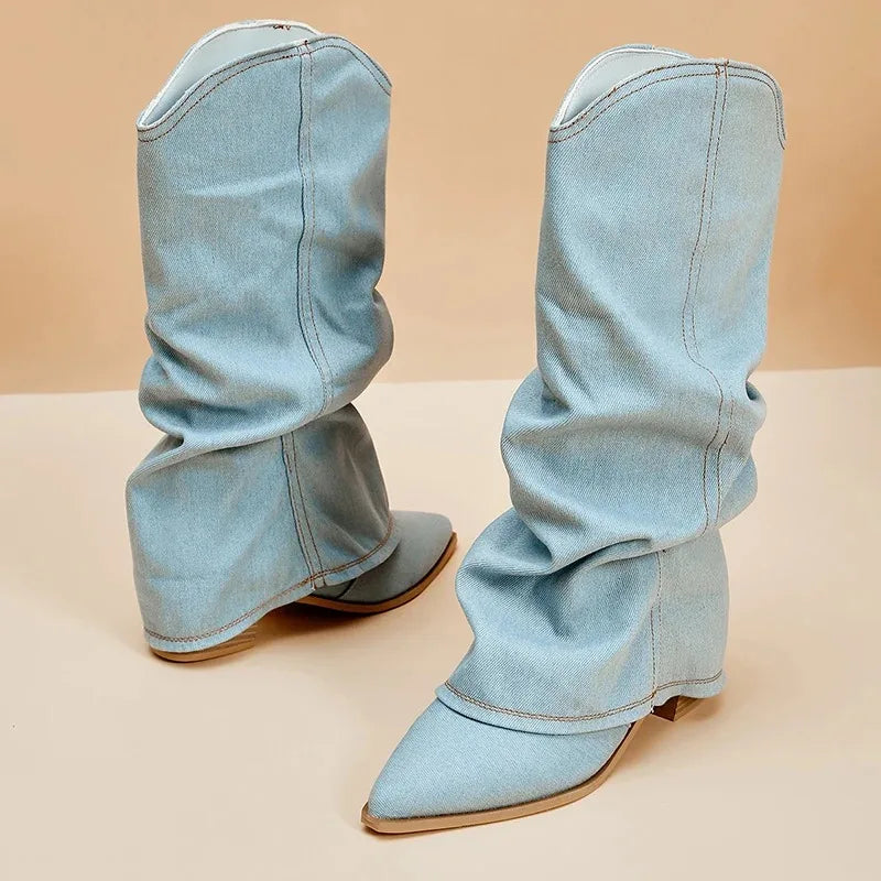 Women’s Knee-High Denim Boots with Pointed Toe and Slouch Shaft