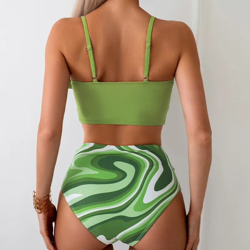 Women's Twist Front Bikini Set - V-Neck Top - High Waist Printed Bottoms