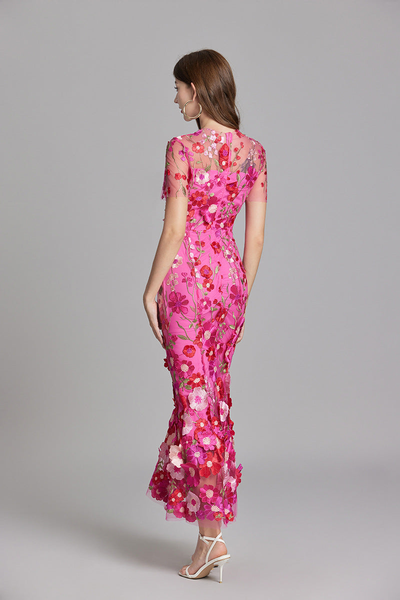 Women’s Floral Embroidered Maxi Dress with Sheer Overlay