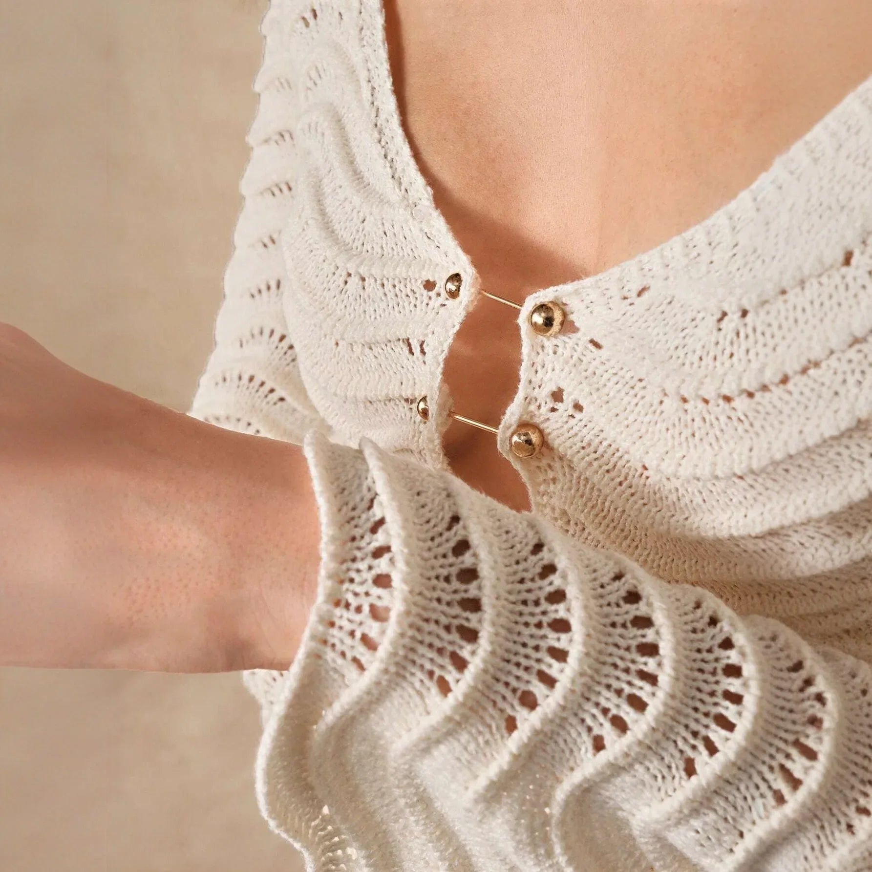 Women’s Open Knit Maxi Dress with Long Flared Sleeves Button Front Keyhole Detail and Tie Back Design