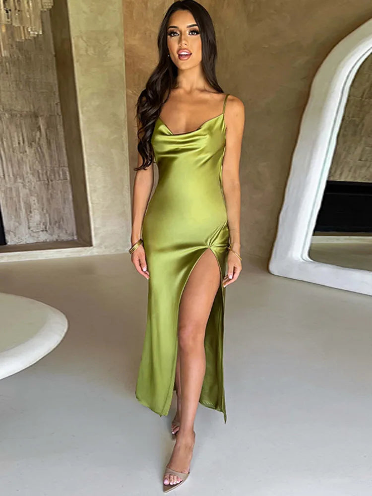 Women's Satin Cowl Neck Maxi Dress Bodycon