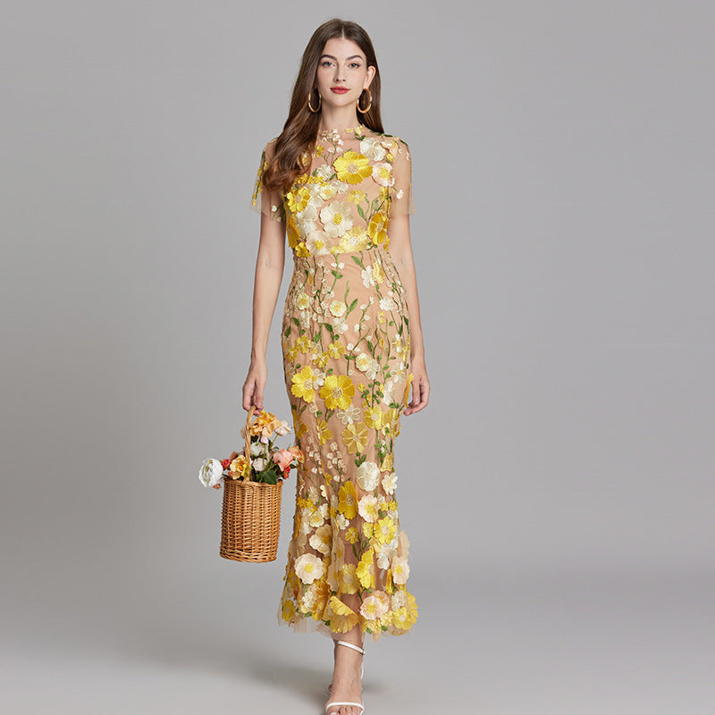 Women’s Floral Embroidered Maxi Dress with Sheer Overlay
