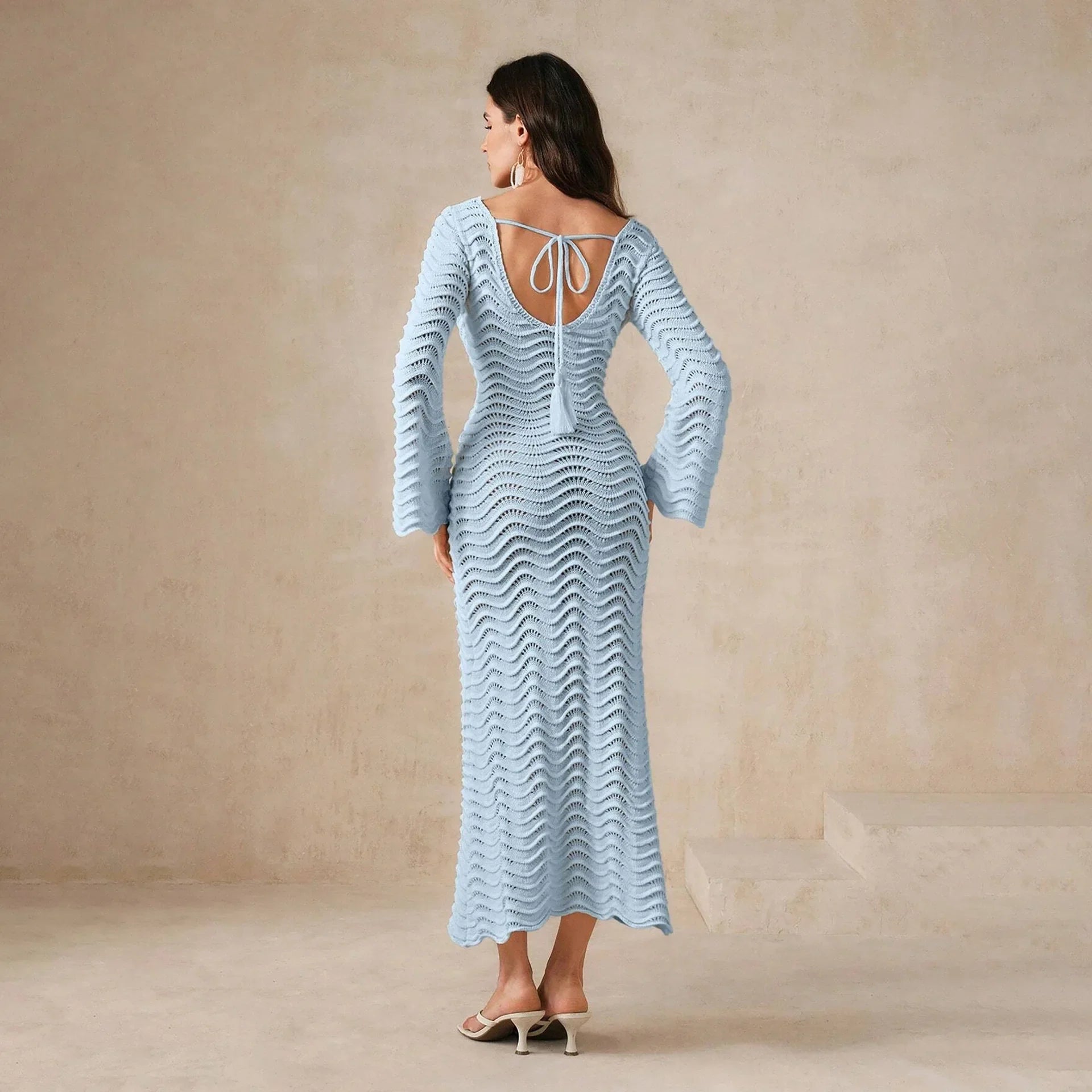 Women’s Open Knit Maxi Dress with Long Flared Sleeves Button Front Keyhole Detail and Tie Back Design