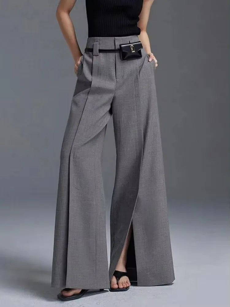 Women’s Wide Leg Pants - High Waist - Full Length - Front Pleat - Split Hem Design