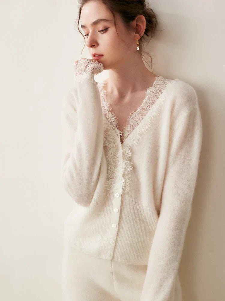 Women’s Fitted Cardigan with Lace Trim and Button Front