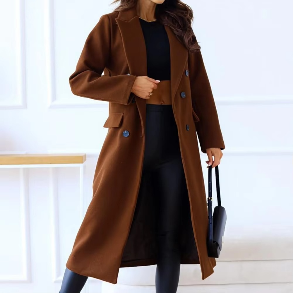 Mid Length Coat with Double Breasted Buttons and Structured Lapel