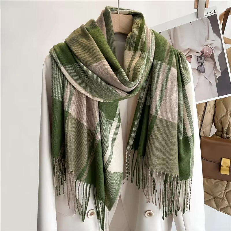 Woven Plaid Scarf with Tassel Fringe Edges and Adjustable Wrap, 78in x 27in