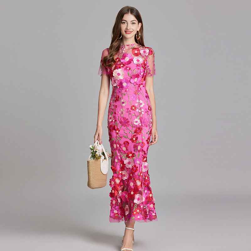 Women’s Floral Embroidered Maxi Dress with Sheer Overlay