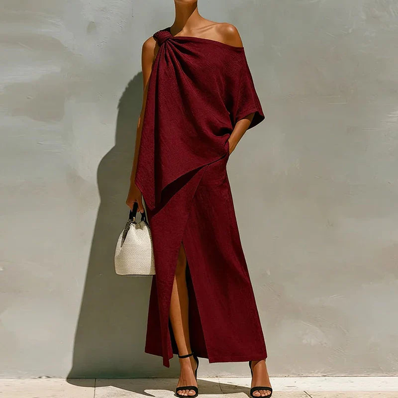 Women's Two-Piece Set One-Shoulder Draped Top Maxi Skirt Side Slit