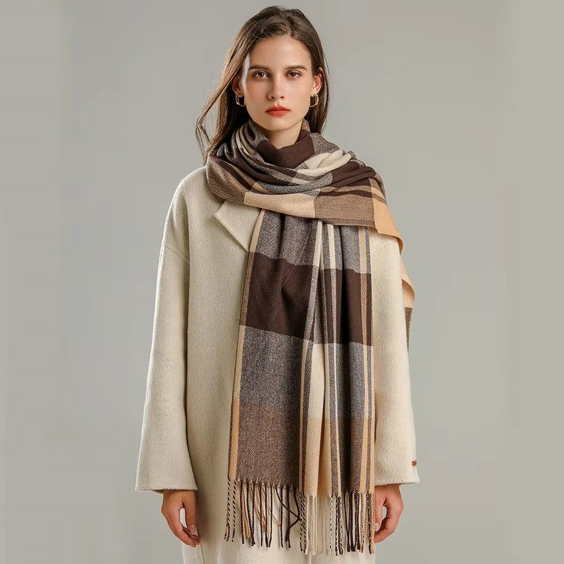Woven Plaid Scarf with Tassel Fringe Edges and Adjustable Wrap, 78in x 27in