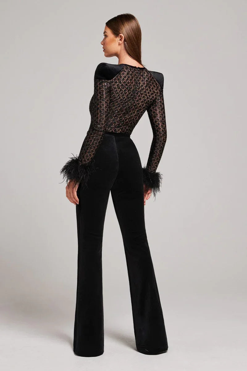 Women's Sequin Sheer Long Sleeve Feather Cuff Flared Jumpsuit