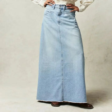 Women's High Waist Straight Denim Maxi Skirt with Raw Hem