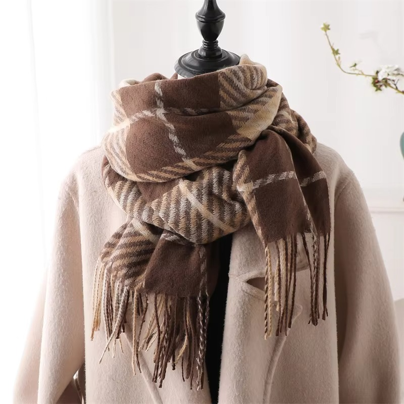 Woven Plaid Scarf with Tassel Fringe Edges and Adjustable Wrap, 78in x 27in