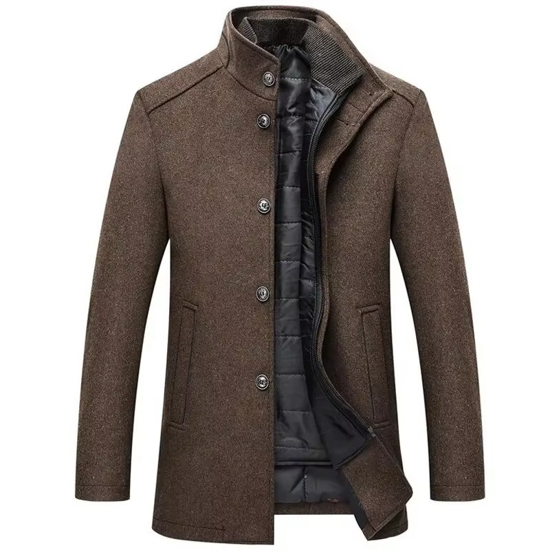 Men's Wool Blend Coat with Removable Inner Vest and Stand Collar