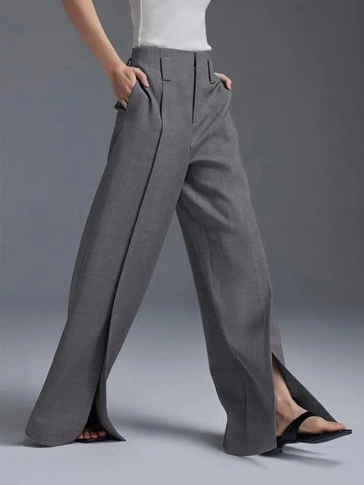 Women’s Wide Leg Pants - High Waist - Full Length - Front Pleat - Split Hem Design