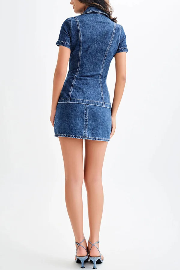 Women’s Denim Two Piece Set with Short Sleeve Button Front Collared Top and Mini Skirt