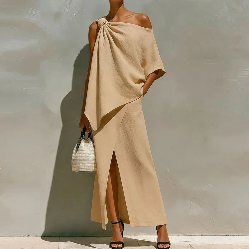 Women's Two-Piece Set One-Shoulder Draped Top Maxi Skirt Side Slit