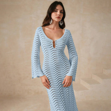 Women’s Open Knit Maxi Dress with Long Flared Sleeves Button Front Keyhole Detail and Tie Back Design